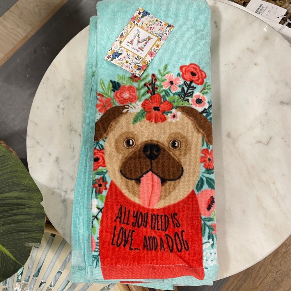 Valentine’s Day Dog Pug Flowers Love Mia Charro Kitchen Towels set of 2 NWT